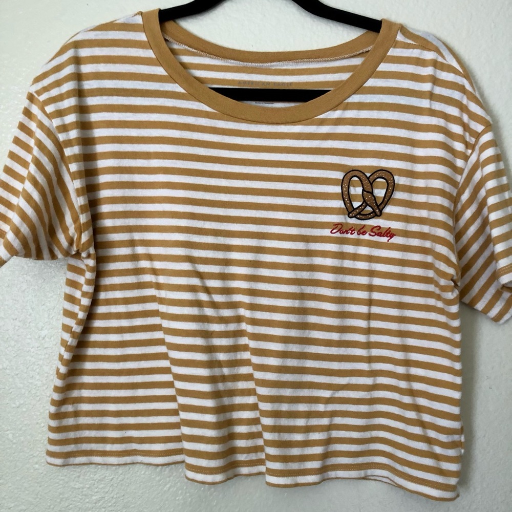 Cropped striped mustard yellow top red DONT BE SALTY letters embroidered pretzel